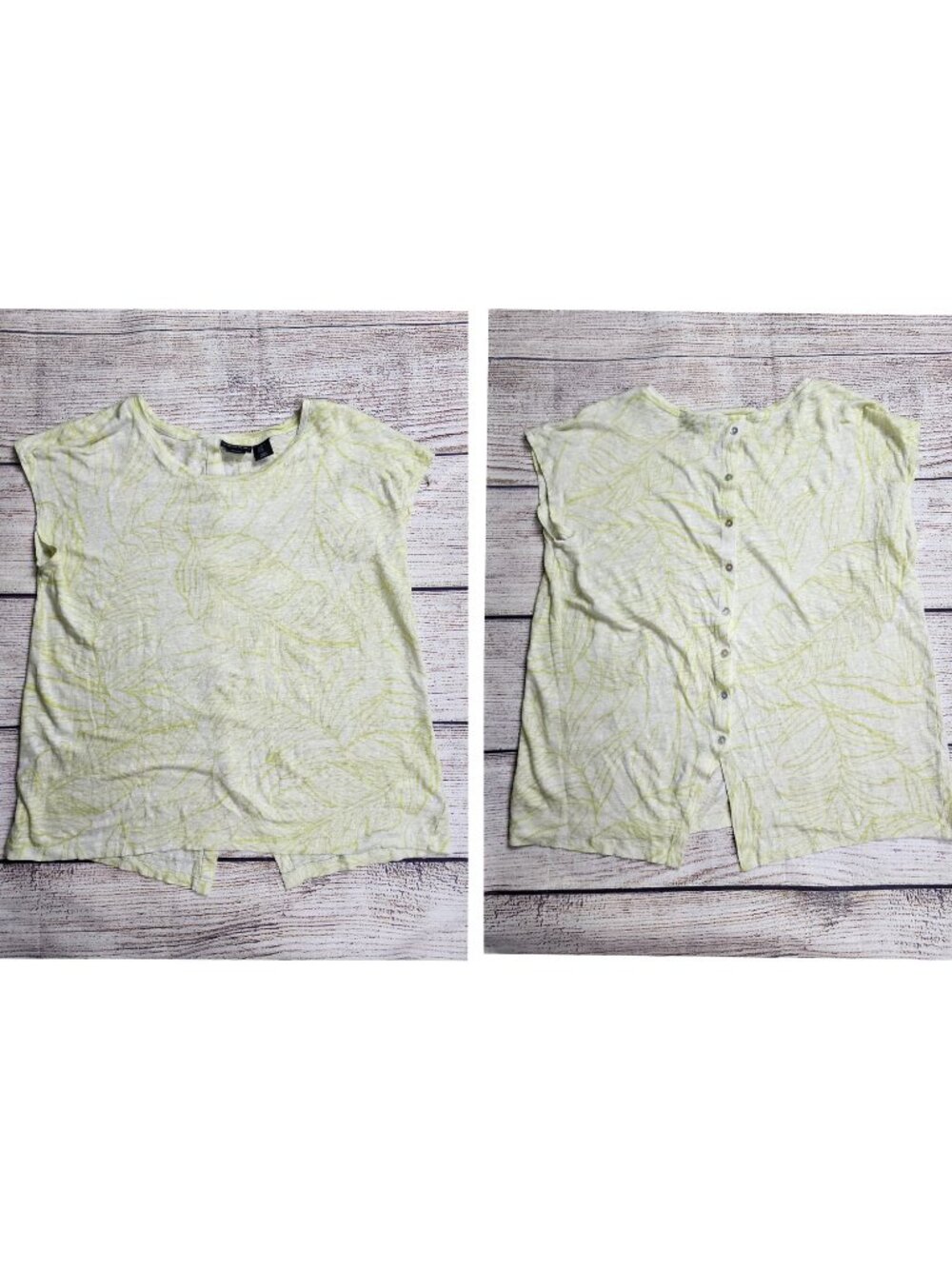 Tahari Shirt XL White Green Tropical Palm Leaf 100% Linen Button Back Slub Knit